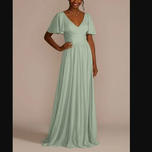flutter sleeve crisscross mesh bridesmaid dress Prom Dress David's Bridal Chiffon Chiffon Tank Dress David's Bridal  Dresses Davids Bridal Flutter Sleeve Crisscross Mesh Bridesmaid Dress  Poshmark